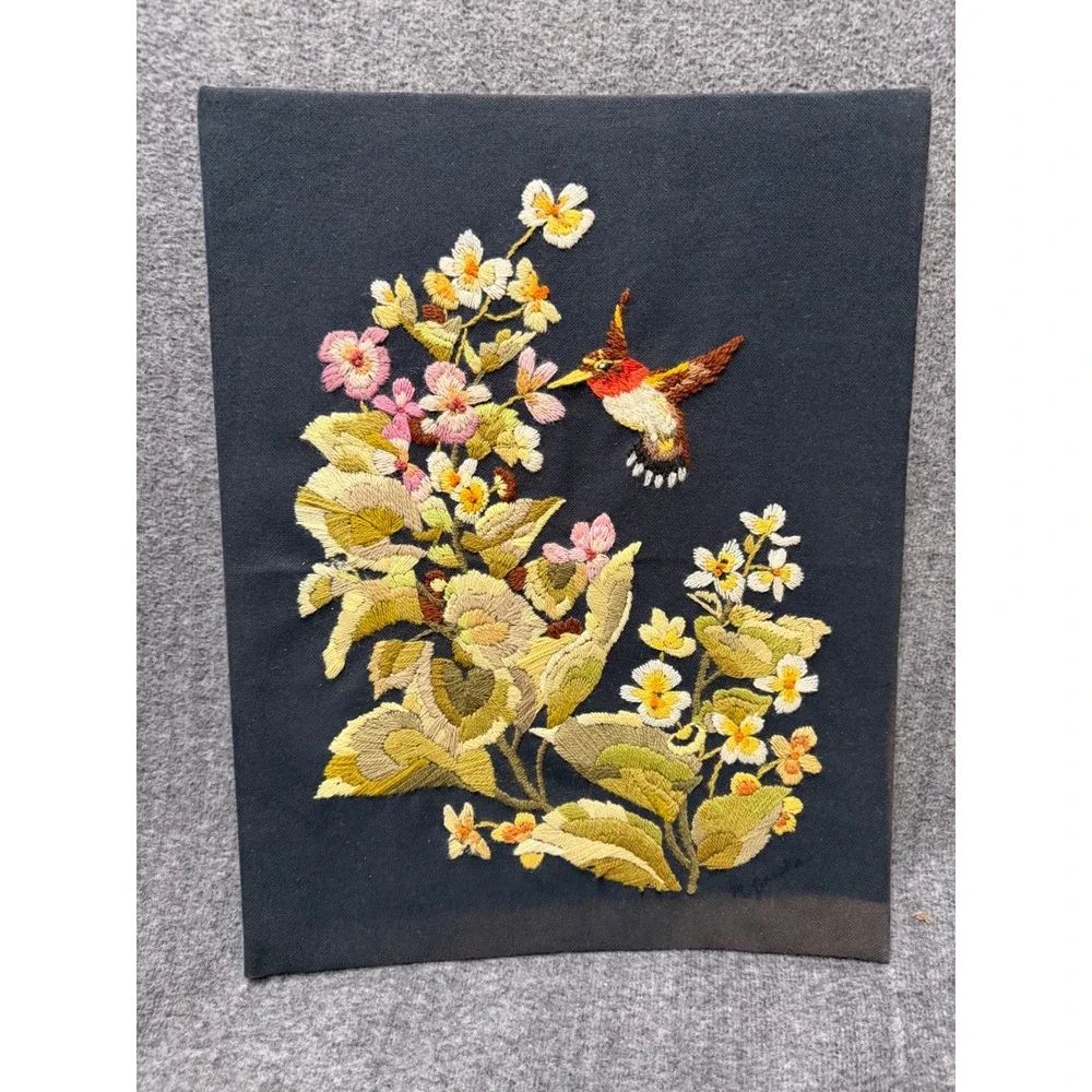 Vintage Crewel Embroidery Hummingbird Floral Wall Art Hand Stitched Textile